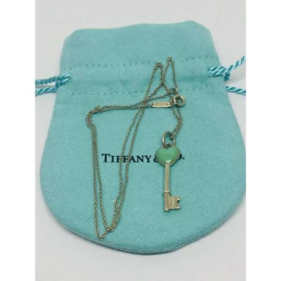 Tiffany & Co. 925 Sterling Silver Blue Enamel Mini Key Heart Necklace 18.25” - Picture 1 of 8